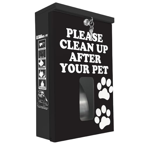 Dog Waste Station Dispenser Box - Paw Prints Black Design - Rustproof Aluminum - Pet Waste Bag Dispenser with Lock and Rainguard - Fits Any Dog Poop Bag (No bags included)