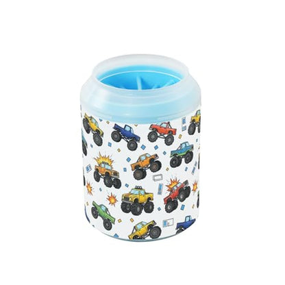 Monster Trucks White Pattern Dog Paw Cleaner Cup with Soft Silicone Brush, Lightweight Small Portable Muddy Paw Washer for Dogs, Easy to Use Pet Foot Cleaner