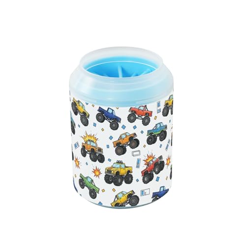 Monster Trucks White Pattern Dog Paw Cleaner Cup with Soft Silicone Brush, Lightweight Small Portable Muddy Paw Washer for Dogs, Easy to Use Pet Foot Cleaner