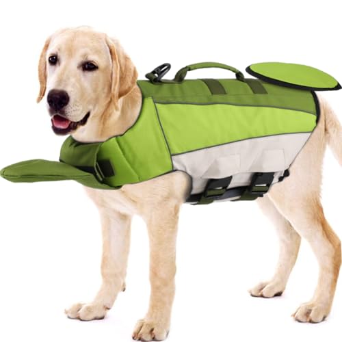 EMUST Life Jacket for Dogs, Adjustable Dog Life Vest for Swimming & Boating, Pet Safety Vest with Durable Rescue Handle and Reflective Stripes, Green, XL