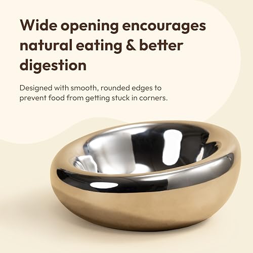 Pebble Pet Bowl Deep Chrome, Ergonomic Dog Cat Feeding Bowl, Flat-Faced Breed, Tilted Ceramic Pet Food Dish, Scooper Eater, Anti-Spill Design, Dishwasher Safe, Modern Pet Bowl, Dry & Wet Diet - color: Chrome