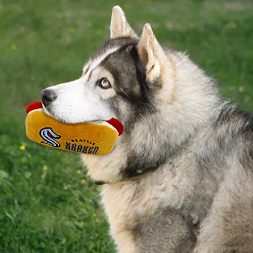 Pets First NHL Seattle KRAKENS HOT Dog Plush Dog & CAT Squeak Toy - Cutest HOT-Dog Snack Plush Toy for Dogs & Cats with Inner Squeaker & Beautiful Hockey Team Name/Logo - color: Seattle Kraken, style: NHL Hot Dog Toy