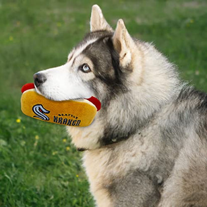 Pets First NHL Seattle KRAKENS HOT Dog Plush Dog & CAT Squeak Toy - Cutest HOT-Dog Snack Plush Toy for Dogs & Cats with Inner Squeaker & Beautiful Hockey Team Name/Logo - color: Seattle Kraken, style: NHL Hot Dog Toy