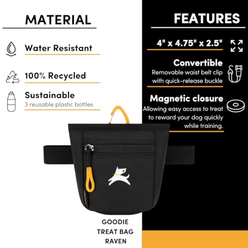 OllyDog, Goodie Treat Bag, Dog Treat Training Pouch | Magnetic Closure | 3 Ways to Wear | Hands-Free Waist Belt | Water-Resistant Recycled Vegan Fabric (Raven S'25) - color: Raven S'25