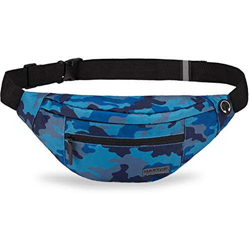 MAXTOP Large Crossbody Fanny Pack with 4-Zipper Pockets,Gifts for Enjoy Sports Festival Workout Traveling Running Casual Hands-Free Wallets Waist Pack Phone Bag Carrying All Phones - color: Camo Blue, size: Large, style: Large Fanny Pack(4 Zipper Pockets)