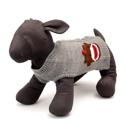 THE WORTHY DOG Sock Monkey Sleeveless Cardigan Dog Sweater – Warm Pullover Dog Clothes with Faux Pockets & Buttons, Heathered Knit - Gray, Large - color: Sock Monkey - Gray, size: Large