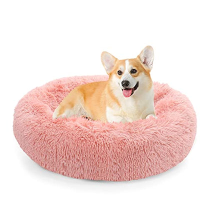 NOYAL Calming Donut Dog Bed for Small to Medium Dogs & Cats - Plush Faux Fur Anti-Anxiety Pet Bed with Machine Washable Cover & Non-Slip Base - color: Pink, size: Small 19.6''