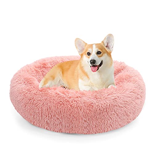 NOYAL Calming Donut Dog Bed for Small to Medium Dogs & Cats - Plush Faux Fur Anti-Anxiety Pet Bed with Machine Washable Cover & Non-Slip Base - color: Pink, size: Small 19.6''