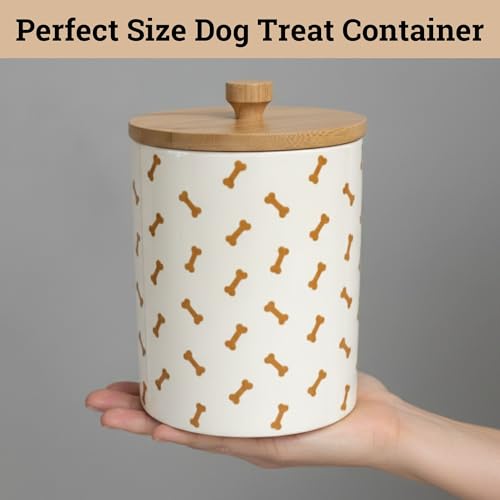 Dog Treat Container Airtight - 5 Inch Wide x 6.4 Inch Tall Ceramic Dog Treat Jar for Kitchen Counter with Airtight Bamboo Lid - 4 Cup Capacity Pet Treats Container - Doggie Cookie Jar Treats Canister