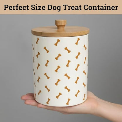 Dog Treat Container Airtight - 5 Inch Wide x 6.4 Inch Tall Ceramic Dog Treat Jar for Kitchen Counter with Airtight Bamboo Lid - 4 Cup Capacity Pet Treats Container - Doggie Cookie Jar Treats Canister