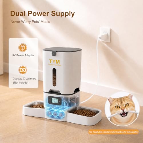 TYM Automatic Cat Feeder 2 Cats, 7L Cat Dry Food Dispenser with Double Bowls, Dual Auto Dog Feeder with Programmable Timer, Dual Power Supply, Easy to Clean for Multiple Cats and Small Dogs - color: White-2a