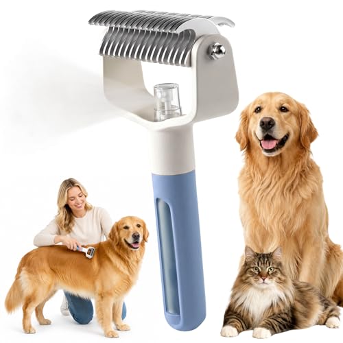 Dual-Sided Pet Grooming Comb,2‑in‑1 Professional Brush Deshedding Dog Brush with Spray Design, Dematting Comb Undercoat Rake for Long Haired Pet Grooming Tool - color: Blue