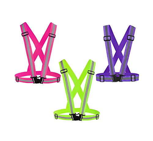 Reflective Vest Running Gear 3Pack, Adjustable Safety Vests High Visible Reflective Belt Straps - color: Pink,green,purple