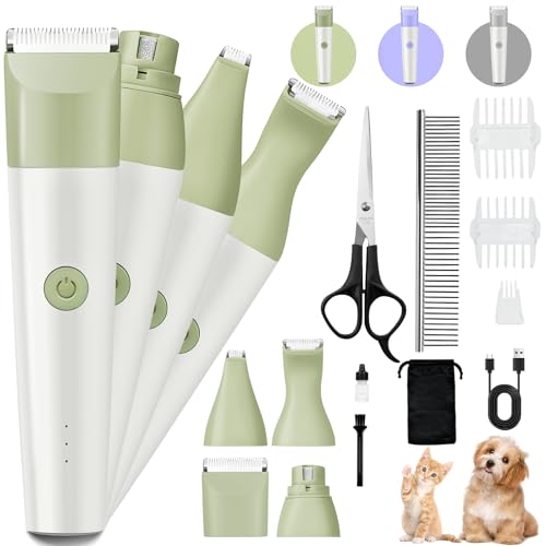 Dog Clippers Grooming Kit, 4 in 1 Quiet Cordless Dog Paw Trimmer & Nail Grinder, Small Cat Clippers Electric Rechargeable Low Noise Pet Shaver for Trimming Hair on Paw Eye Ear Face Rump, Green - color: Green