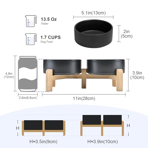 SPUNKYJUNKY Elevated Dog Bowls Ceramic, 5.1'' Dogs and Cat Food Water Bowls Raised with Non-Slip Bamboo Stand for Puppy Small Sized Breed Microwave Dishwasher Safe - 13.5 OZ,Black - color: Black, size: 5.1 in - 1.7 cups