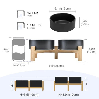 SPUNKYJUNKY Elevated Dog Bowls Ceramic, 5.1'' Dogs and Cat Food Water Bowls Raised with Non-Slip Bamboo Stand for Puppy Small Sized Breed Microwave Dishwasher Safe - 13.5 OZ,Black - color: Black, size: 5.1 in - 1.7 cups