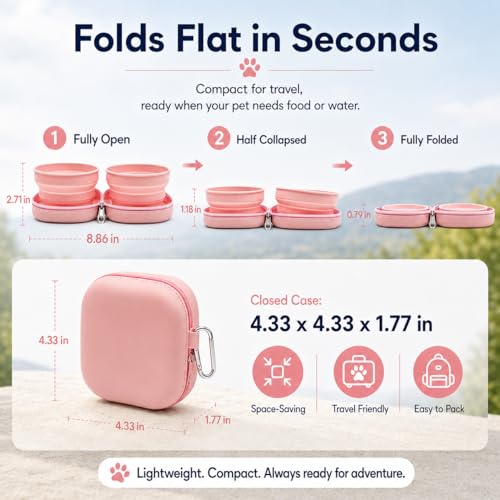 Portable Dog Bowl, Collapsible 2-in-1 Travel Dog Bowls with Carabiner Clip, Silicone Double Pet Food and Water Dish for Outdoor Camping and Hiking (Pink) - color: Pink
