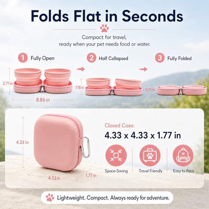 Portable Dog Bowl, Collapsible 2-in-1 Travel Dog Bowls with Carabiner Clip, Silicone Double Pet Food and Water Dish for Outdoor Camping and Hiking (Pink) - color: Pink