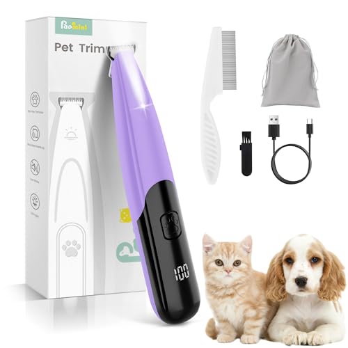 PAPMINI Dog Paw Trimmer with LED Light, 35dB Low Noise Paw Trimmers for Dog's Feet, 2 Speed Safety Electric Dog Clippers for Grooming, Rechargeable Cat Shaver for Paws, Ears, Face, Rump (Purple) - color: Purple
