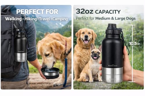 Portable Dog Water Bottle with Built-in Bowl, Leakproof Pet Travel Water Dispenser, 32oz Stainless Steel Dog Water Bottle for Walking, Hiking, Camping & Outdoor Travel