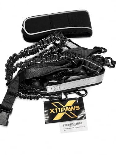 X11PAWS - Heavy Duty Dog Leash Hands Free Bungee | Two Large Dogs Up to 250 lbs | Comfortable Shock Absorbing Bungee | Reflective Dual Padded Handles | Lumbar Waist Belt 24-42" | 360° Swivel Clips