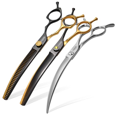 45°Curved Dog Grooming Scissors Curved Thinning Shears Curved Chunkers Dog Shears 3Pcs Combo (Black Gold) - color: Black & Gold, size: 7.5 in 3PCS Set