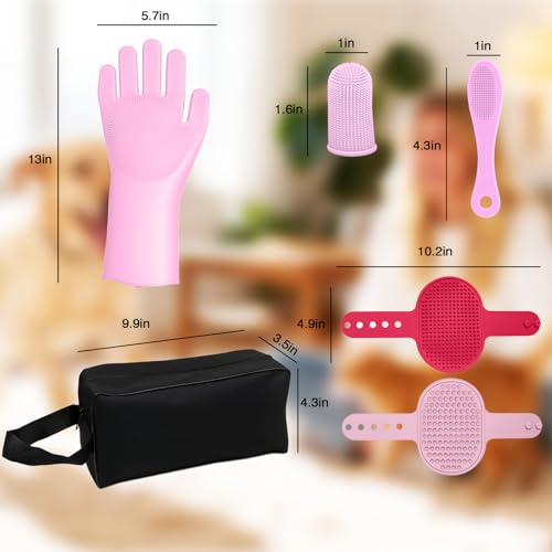 7 PCS Pet Grooming Kit for Dogs and Cats | Dog Washing Gloves | Dog Bath Brush | Cleanroom Gloves | Dog Shampoo Brush | Finger Toothbrushes | Storage Bag | All-in-One Pet Care (Pink) - color: Cherry Blossom Pink