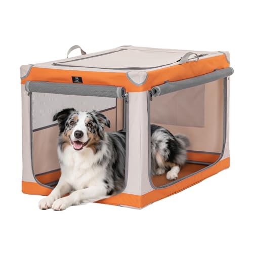 36" Collapsible Dog Crate for Large Dogs - Portable Soft Travel Kennel with Lockable Zippers, Waterproof Base, Washable Cover, Patented Screw Frame for Adjustable Tension, Outdoor, Indoor, Car Use - color: Orange+Beige, size: 36.0"L x 24.0"W x 23.0"H