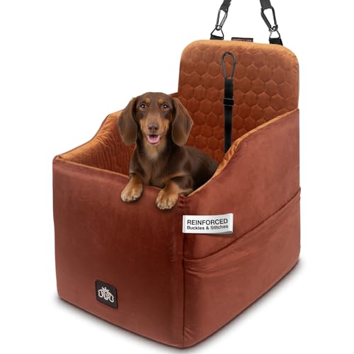 Dog Car Seat for Small Dogs, Dachshund Car Seat Booster Bed for Small Breeds – Non-Slip Base, Adjustable Straps, Washable Cover (Small Size Brown) - color: Chocolate and Tan