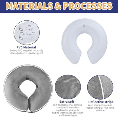 Inflatable Reflective Dog Cone Collar Alternative After Surgery,Doggie Recovery Dount Neck Ecollar,Adjustable Soft Dog Cone Collar for Small Medium Large Dogs (Grey, S) - color: Grey, size: Small（8.5"-10.5"）