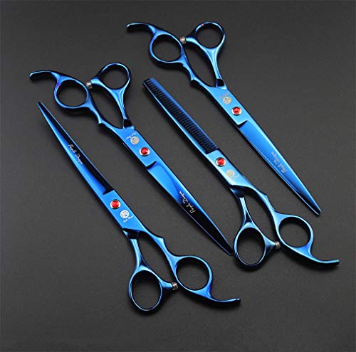 Purple Dragon Professional 7.0 inch 4PCS Pet Grooming Scissors Kit Japan Premium Steel Straight & Curved & Thinning Blade Dog Hair Cutting Shears Set with Case - color: Blue