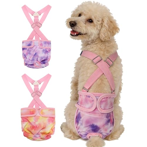 Washable Female Dog Diapers with Suspender, Reusable Dog Diapers Absorbent Leakproof(Tie-Dye Orange Yellow/Tie-Dye Purple M, 2Pcs), Intended for Female in Heat Cycle - color: Tie-Dye Orange Yellow/Tie-Dye Purple, size: M