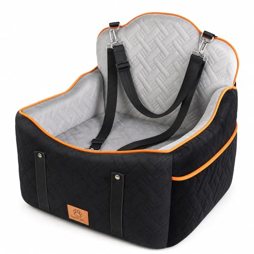 GINMIC Dog Car Seats for Small Medium Dogs up to 35 lbs – Dog Booster Car Seat with 5.3-Inch Memory Foam, Dual Safety Leashes, Detachable Washable Cover & Storage Pockets, Soft Travel Dogs Bed (Black)