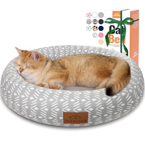 Zerbuger Cat Bed, 20In Dog Beds for Small Dogs, Calming Cat & Dog Beds for Indoor Pets, Pet Beds Comfortable Donut Round Ultra Soft (Grey Pattern, 20.0" L x 20.0" W x 6.5" Th) - color: Grey Pattern, size: Small