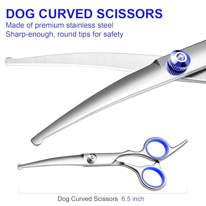 Dog Grooming Scissors Kit, Premium Stainless Steel Dog Shears with Curved Shears, Sharp Durable for Dogs Cats+Blue 4 Piece - color: Blue 4 Piece