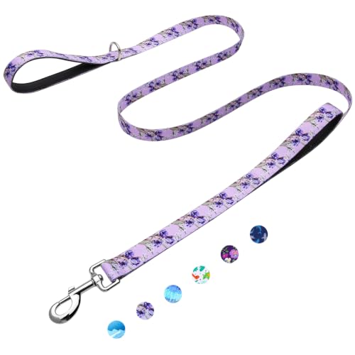 Double Handle Dog Leash 5ft with 2 Padded Handles, Cute Purple Dog Leash with Soft Dual Handle, Walking Training Lead for Small Medium Large Dogs, Lavender Lily - color: Lavender Lily, size: 1 in x 5 ft