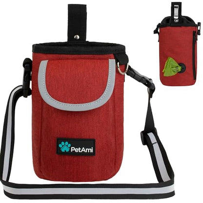 PetAmi Dog Treat Pouch, Large 3-Cup Dog Training Treat Bag with Poop Bag Dispenser, Hands-Free Waist Belt & Crossbody Strap, Reflective with Multiple Pockets & Belt Clip (Red) - color: Red
