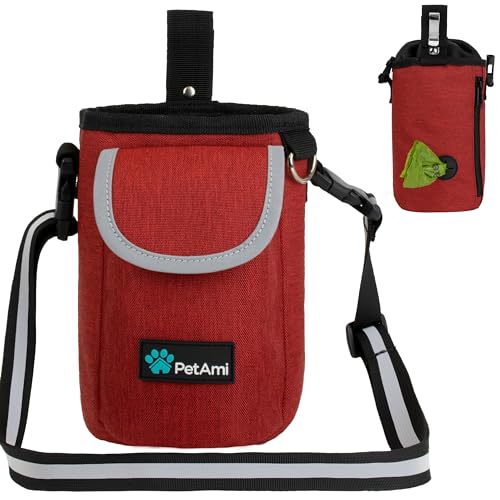 PetAmi Dog Treat Pouch, Large 3-Cup Dog Training Treat Bag with Poop Bag Dispenser, Hands-Free Waist Belt & Crossbody Strap, Reflective with Multiple Pockets & Belt Clip (Red) - color: Red