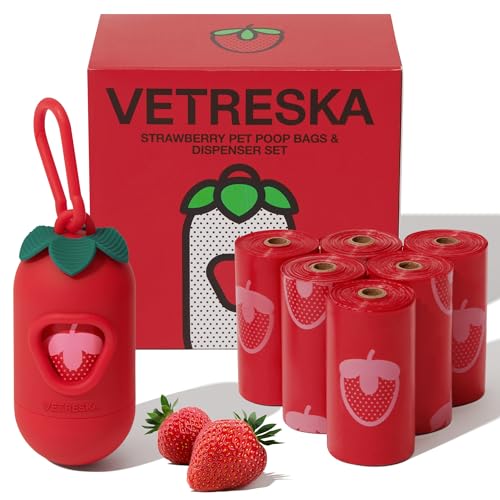 VETRESKA Dog Poop Bag Dispenser with Strawberry Scented Bags, Leak Proof, Extra Thick and Large Pet Waste Bags,1 Count Bag Holder and 105 Bags (7 Refill Rolls) for Walking Dog and Cats Litter, Red - size: 1 Count (Pack of 105), style: Strawberry