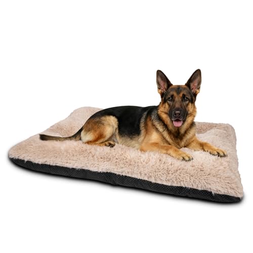 JOEJOY Large Dog Bed Crate Pad, Deluxe Plush Washable Dog Beds Fulffy Soft Kennel Pad Anti-Slip Pet Sleeping Mat for Extra Large Medium Small Dogs, 47" x 29", Beige - color: Beige, size: XXL(47"x29"x4")