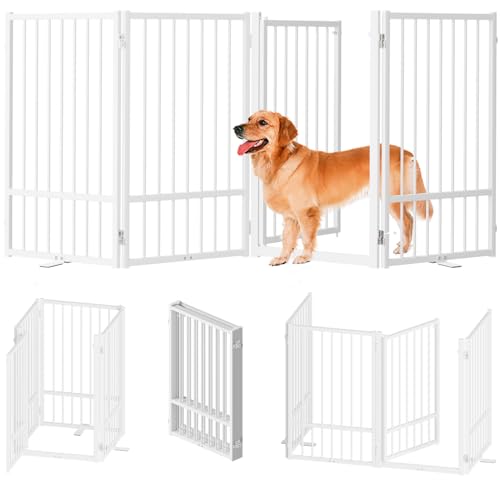 SNUOWU Full Metal Freestanding Dog Gate with Door, 32''Height Foldable Pet Dog Fence for Indoor & Outdoor, 4 Panels Extra Wide Free Standing TallDog Gates for Doorways,House,Stairs,Porch,Deck,Yard - color: White, size: 【4 Panels】80"W*32H"