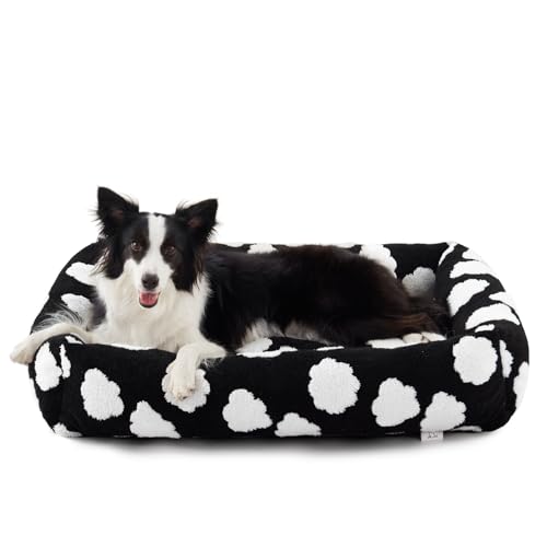 JOEJOY Medium Dog Bed Medium Size Dog, Rectangle Washable Orthopedic Pet Bed with Removable Zipper Cover, Cute Soft Calming Puppy Pet Bed with Jacquard Shaggy Plush & Non Skid Bottom - color: Cozy Clouds Black, size: M (30"x24"x8")
