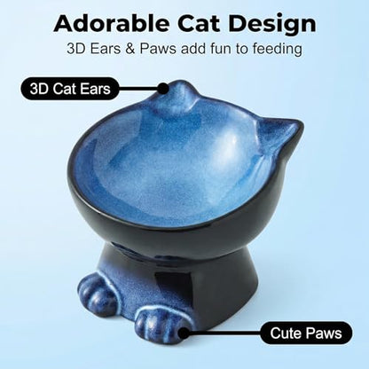 Nihow Slanted Elevated Cat Bowls: 5 Inch Ceramic Raised Cat Food Bowl for Protecting Pet's Spine - Microwave & Dishwasher Safe -Elegant Blue & Black (4.5 OZ /1 PC) - color: Blue & Black, size: 4.5 OZ