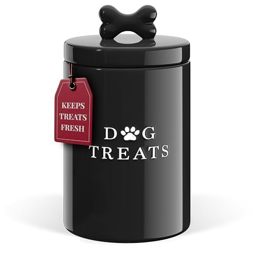 Barnyard Designs Large Dog Treat Container Airtight with Lid, Cute Rustic Ceramic Dog Treat Storage Jar for Kitchen Counter (Black) - color: Black