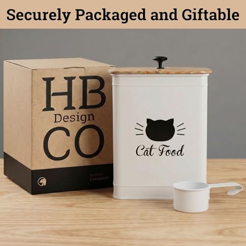 Cat Food Storage Container with Scoop - 5-7 lb (25 Cup) Capacity Metal Cat Food Container with Airtight Bamboo Lid and Metal Scoop - Airtight Pet Food Storage Containers 5 lb - 7 lb Kibble Container - color: White