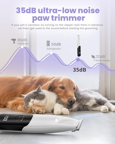 PAPMINI Dog Paw Trimmer with LED Light, 35dB Low Noise Paw Trimmers for Dog's Feet, 2 Speed Safety Electric Dog Clippers for Grooming, Rechargeable Cat Shaver for Paws, Ears, Face, Rump (White) - color: White