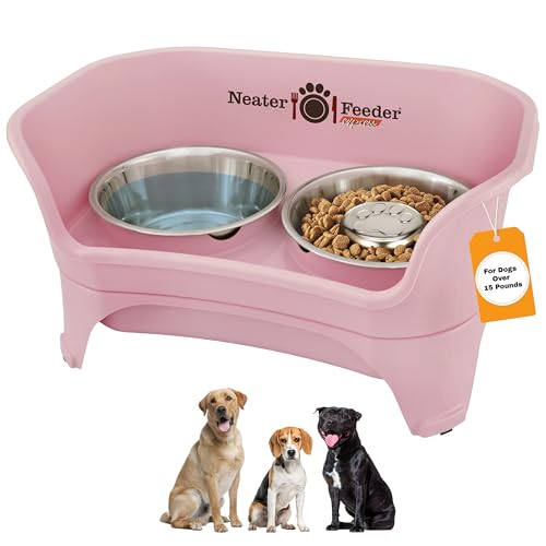 Neater Feeder - Express Model w/Slow Feed Bowl - Mess-Proof Dog Bowls (M/L, Pink) Made in USA – Elevated, No Spill, Non-Tip, Non-Slip, Raised Stainless Steel Food/Water Pet Bowls Aid Digestion - color: Pink, size: Medium to Large w/ Metal Slow Feed Bowl