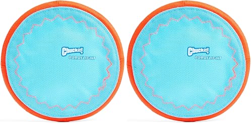 Chuckit! Paraflight Flying Disc Dog Toy - Water Floating Flyer - Durable Nylon Construction with Soft Rubber Edges - for Small and Medium Dogs - Size Small - 6.75" L x 6.75" W (Pack of 2) - color: Blue/Orange, size: Small (Pack of 2)
