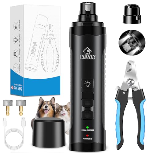 VIWIK Dog Nail Grinder, Dog Nail Trimmers for Large Medium Small Dogs & Cats, Super Quiet Electric Pet Nail Clippers Kit with Light, 2-Speed USB Rechargeable Pet Paws Grooming Tool Black - color: Black+Blue