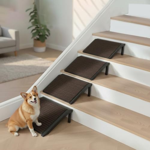 Dog Ramp for Stairs – Non-Slip Pet Steps with Locked-in Carpet & Iron Frame, Helps Senior Dogs & Small Breeds Climb Safely (Coffee-4 Pack) - size: Coffee-4 PACK